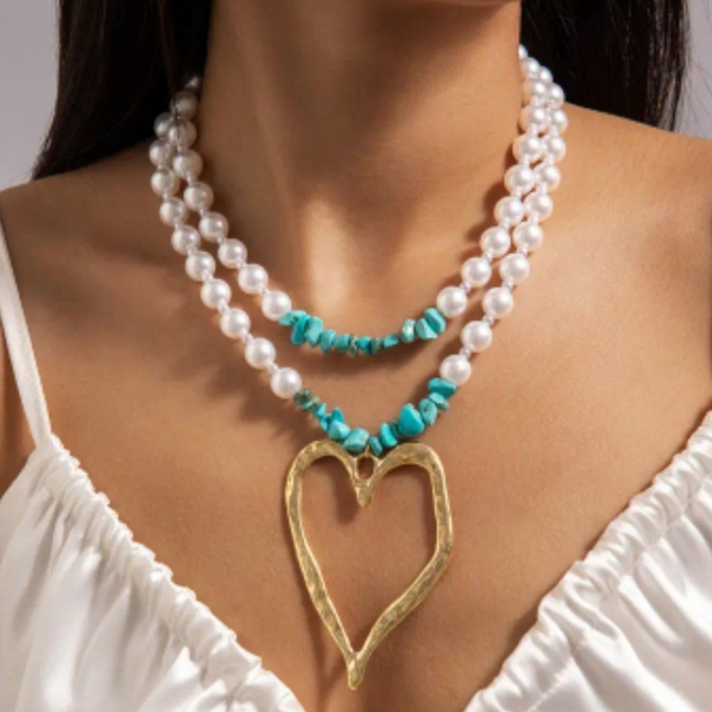 Pearl and Turquoise Necklace with Gold Heart Pendant